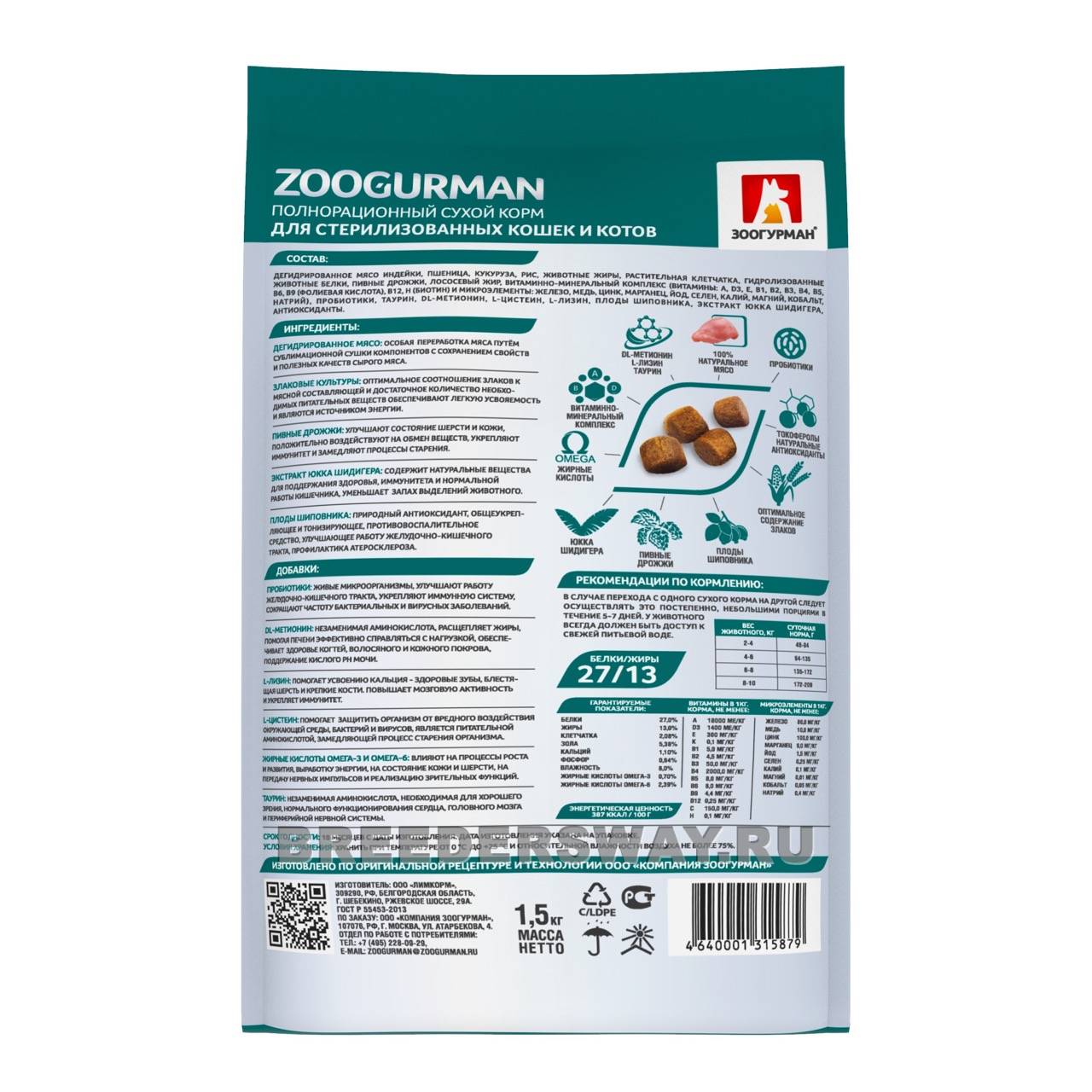 350гр Zoogurman Sterilized для кошек супер-премиум Индейка 27/13 6мм