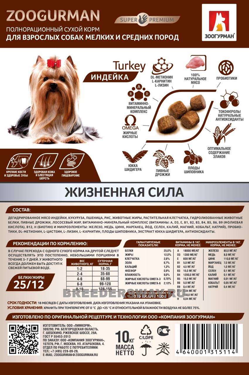 10кг Zoogurman Turkey для собак мелких пород супер-премиум Индейка 25/12 8мм