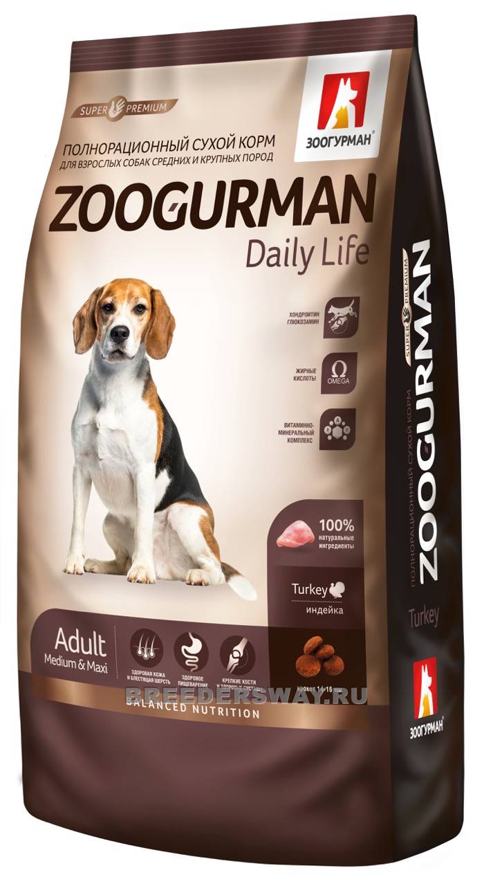 12кг Zoogurman Daily Life для собак крупных пород супер-премиум Индейка 25/13 14мм