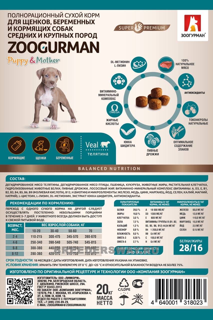 20кг Zoogurman Puppy cупер-премиум для щенков средних и крупных пород Телятина